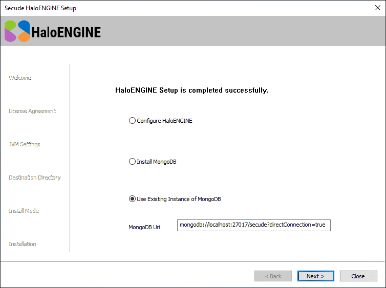 HaloENGINE setup completed dialog with MongoDB.png
