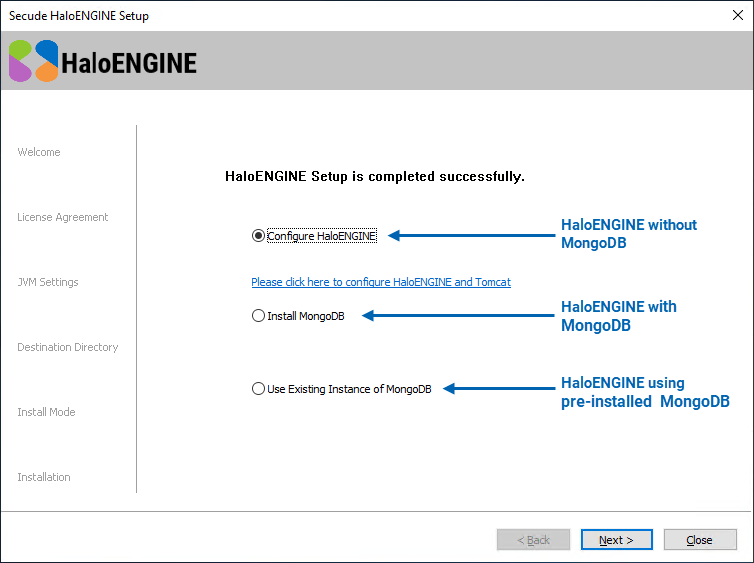 HaloENGINE setup completed dialog without MongoDB.png