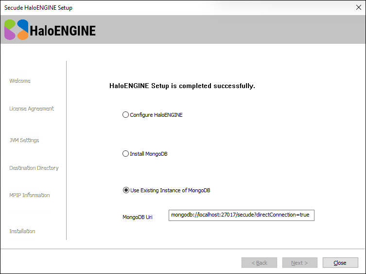 8_HaloENGINE setup completed dialog with MongoDB.png